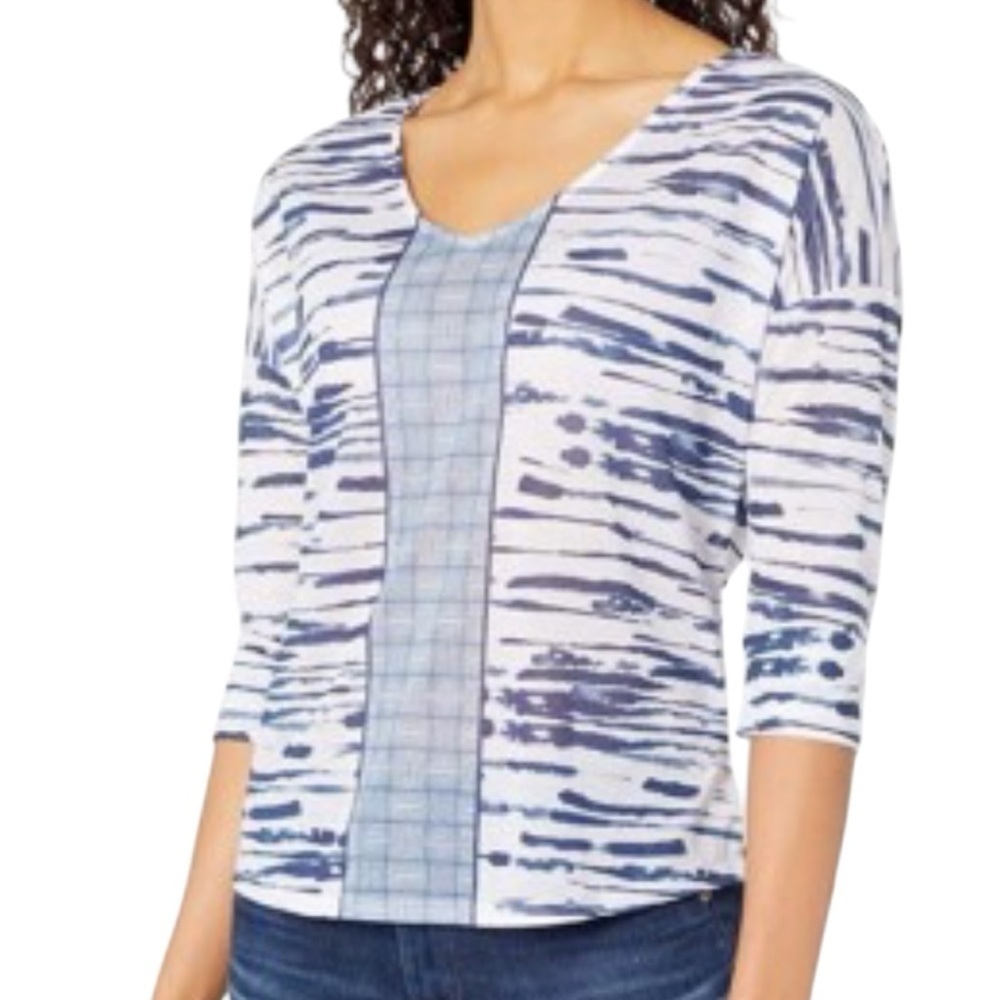 Prana Casual Aleah Jersey 3/4 Sleeves Inky Stripe Print Top Large Blue White